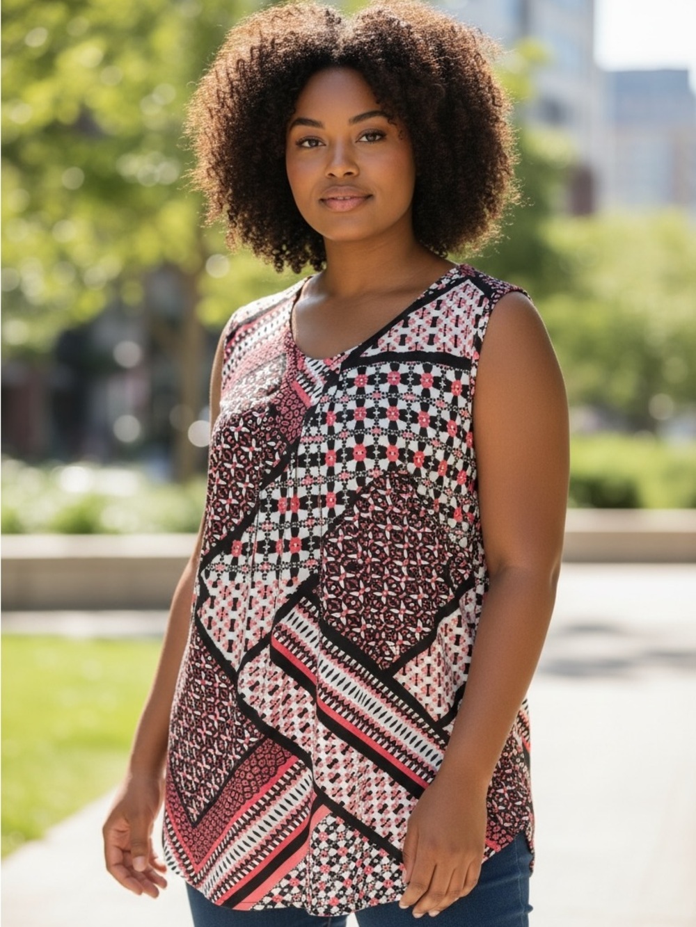 CJ Banks 2X Geometric Sleeveless Blouse